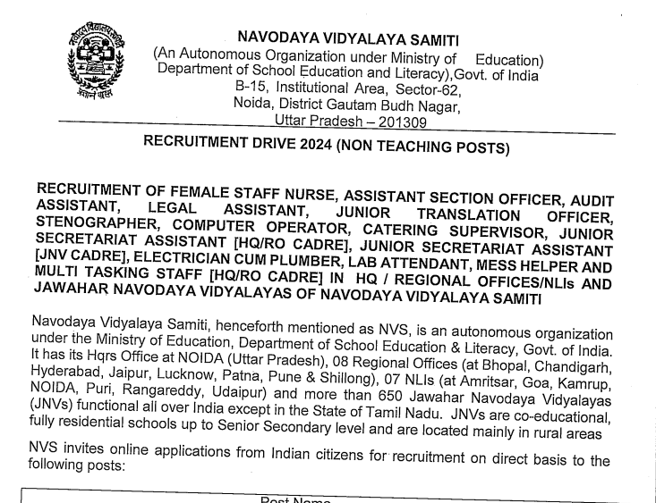 NVS-Non-Teaching-Various-Post Recruitment-2024-Notification